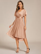 Load image into Gallery viewer, Color=Rose Gold | Elegant Ruffles Sleeve Pleated Wedding Guest Shimmer Dresseswith Asymmetrical Hem-Rose Gold 9
