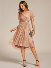 Load image into Gallery viewer, Color=Rose Gold | Elegant Ruffles Sleeve Pleated Wedding Guest Shimmer Dresseswith Asymmetrical Hem-Rose Gold 10