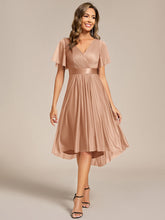Load image into Gallery viewer, Color=Rose Gold | Elegant Ruffles Sleeve Pleated Wedding Guest Shimmer Dresseswith Asymmetrical Hem-Rose Gold 6