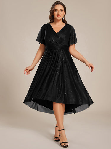 Color=Black | Plus Size Short Sleeve Ruffled Pleated V-Neck A-Line Midi Wedding Guest Dresses-Black 1