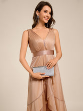 Load image into Gallery viewer, Color=Rose Gold | Strapless V-Neck See-Through Shimmer Dress with Asymmetrical Hem Wedding Guest Dress-Rose Gold 13