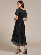 Load image into Gallery viewer, Color=Black | Short Sleeves Pleated Ruffle Round Neck Asymmetrical Midi Wedding Guest Dress-Black 2