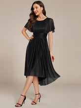 Load image into Gallery viewer, Color=Black | Short Sleeves Pleated Ruffle Round Neck Asymmetrical Midi Wedding Guest Dress-Black 4