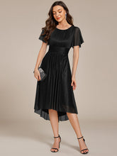 Load image into Gallery viewer, Color=Black | Short Sleeves Pleated Ruffle Round Neck Asymmetrical Midi Wedding Guest Dress-Black 5