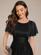 Load image into Gallery viewer, Color=Black | Short Sleeves Pleated Ruffle Round Neck Asymmetrical Midi Wedding Guest Dress-Black 3