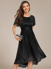 Load image into Gallery viewer, Color=Black | Short Sleeves Pleated Ruffle Round Neck Asymmetrical Midi Wedding Guest Dress-Black 1