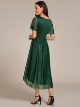 Load image into Gallery viewer, Color=Dark Green | Short Sleeves Pleated Ruffle Round Neck Asymmetrical Midi Wedding Guest Dress-Dark Green 7