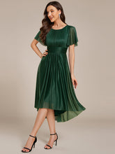 Load image into Gallery viewer, Color=Dark Green | Short Sleeves Pleated Ruffle Round Neck Asymmetrical Midi Wedding Guest Dress-Dark Green 9