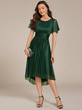 Load image into Gallery viewer, Color=Dark Green | Short Sleeves Pleated Ruffle Round Neck Asymmetrical Midi Wedding Guest Dress-Dark Green 10