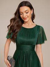 Load image into Gallery viewer, Color=Dark Green | Short Sleeves Pleated Ruffle Round Neck Asymmetrical Midi Wedding Guest Dress-Dark Green 8