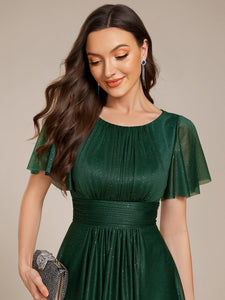 Color=Dark Green | Short Sleeves Pleated Ruffle Round Neck Asymmetrical Midi Wedding Guest Dress-Dark Green 8