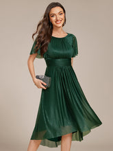 Load image into Gallery viewer, Color=Dark Green | Short Sleeves Pleated Ruffle Round Neck Asymmetrical Midi Wedding Guest Dress-Dark Green 6
