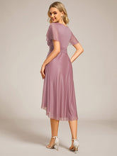 Load image into Gallery viewer, Color=Orchid | Short Sleeves Pleated Ruffle Round Neck Asymmetrical Midi Wedding Guest Dress-Orchid 17