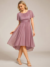 Load image into Gallery viewer, Color=Orchid | Short Sleeves Pleated Ruffle Round Neck Asymmetrical Midi Wedding Guest Dress-Orchid 19