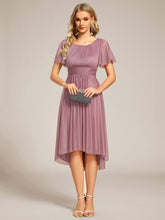 Load image into Gallery viewer, Color=Orchid | Short Sleeves Pleated Ruffle Round Neck Asymmetrical Midi Wedding Guest Dress-Orchid 20