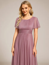 Load image into Gallery viewer, Color=Orchid | Short Sleeves Pleated Ruffle Round Neck Asymmetrical Midi Wedding Guest Dress-Orchid 18