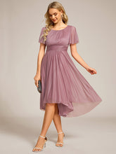 Load image into Gallery viewer, Color=Orchid | Short Sleeves Pleated Ruffle Round Neck Asymmetrical Midi Wedding Guest Dress-Orchid 16