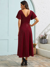 Load image into Gallery viewer, Color=Burgundy | Exquisite V Neck Ruffles Sleeve High Stretch Satin Sequin Dresses with Asymmetrical Hem-Burgundy 2