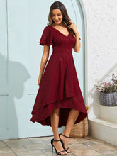 Load image into Gallery viewer, Color=Burgundy | Exquisite V Neck Ruffles Sleeve High Stretch Satin Sequin Dresses with Asymmetrical Hem-Burgundy 3