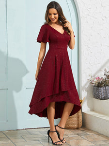 Color=Burgundy | Exquisite V Neck Ruffles Sleeve High Stretch Satin Sequin Dresses with Asymmetrical Hem-Burgundy 3