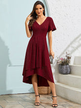 Load image into Gallery viewer, Color=Burgundy | Exquisite V Neck Ruffles Sleeve High Stretch Satin Sequin Dresses with Asymmetrical Hem-Burgundy 4