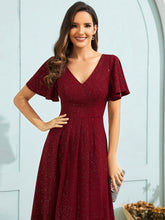 Load image into Gallery viewer, Color=Burgundy | Exquisite V Neck Ruffles Sleeve High Stretch Satin Sequin Dresses with Asymmetrical Hem-Burgundy 5