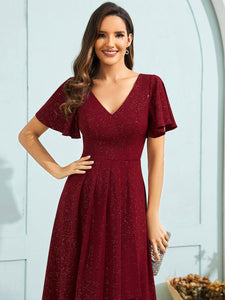 Color=Burgundy | Exquisite V Neck Ruffles Sleeve High Stretch Satin Sequin Dresses with Asymmetrical Hem-Burgundy 5