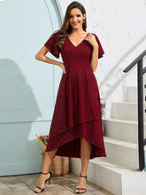 Load image into Gallery viewer, Color=Burgundy | Exquisite V Neck Ruffles Sleeve High Stretch Satin Sequin Dresses with Asymmetrical Hem-Burgundy 1