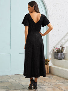 Color=Black | Exquisite V Neck Ruffles Sleeve High Stretch Satin Sequin Dresses with Asymmetrical Hem-Black 7