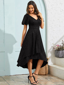 Color=Black | Exquisite V Neck Ruffles Sleeve High Stretch Satin Sequin Dresses with Asymmetrical Hem-Black 8