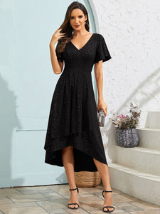 Color=Black | Exquisite V Neck Ruffles Sleeve High Stretch Satin Sequin Dresses with Asymmetrical Hem-Black 9