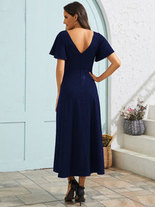 Color=Navy Blue | Exquisite V Neck Ruffles Sleeve High Stretch Satin Sequin Dresses with Asymmetrical Hem-Navy Blue 12