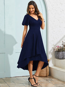 Color=Navy Blue | Exquisite V Neck Ruffles Sleeve High Stretch Satin Sequin Dresses with Asymmetrical Hem-Navy Blue 13