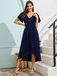 Color=Navy Blue | Exquisite V Neck Ruffles Sleeve High Stretch Satin Sequin Dresses with Asymmetrical Hem-Navy Blue 14