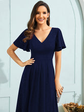 Load image into Gallery viewer, Color=Navy Blue | Exquisite V Neck Ruffles Sleeve High Stretch Satin Sequin Dresses with Asymmetrical Hem-Navy Blue 15