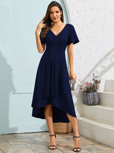 Color=Navy Blue | Exquisite V Neck Ruffles Sleeve High Stretch Satin Sequin Dresses with Asymmetrical Hem-Navy Blue 11