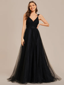 Color=Black | Double V Neck Lace Bodice Maxi Wholesale A-Line Wedding Dress-Black4