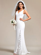 Load image into Gallery viewer, Color=White | Spaghetti Straps V Neck Appliques Fishtail Wholesale Wedding Dress-White 5