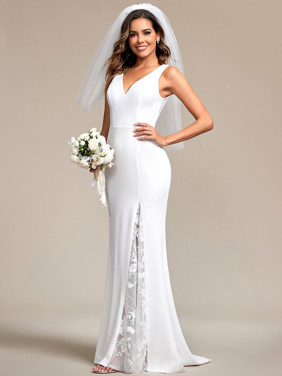 Spaghetti Straps V Neck Appliques Fishtail Wholesale White Wedding Dress