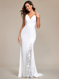 Color=White | Spaghetti Straps V Neck Appliques Fishtail Wholesale Wedding Dress-White 7