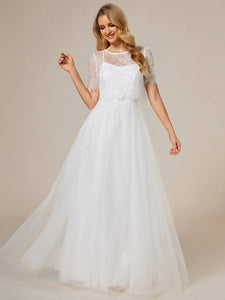 Color=White | Lace Round Neck Two Piece Suit Wholesale Wedding Dress With Short Sleeves-White 1