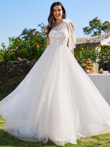 Color=Ivory | Printed Asymmetric Shoulder Sleveeless Wholesale Wedding Dress-Ivory 1