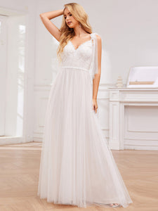 Color=Ivory | Exquisite Deep V Neck Sleeveless Lace Tulle Empire Waist Wedding Dresses with Bowknot Bandage-Ivory 3