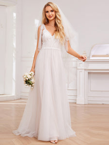 Color=Ivory | Exquisite Deep V Neck Sleeveless Lace Tulle Empire Waist Wedding Dresses with Bowknot Bandage-Ivory 4