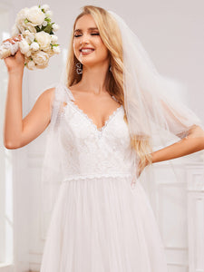 Color=Ivory | Exquisite Deep V Neck Sleeveless Lace Tulle Empire Waist Wedding Dresses with Bowknot Bandage-Ivory 5