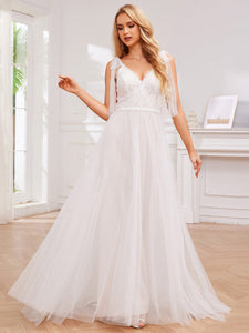 Color=Ivory | Exquisite Deep V Neck Sleeveless Lace Tulle Empire Waist Wedding Dresses with Bowknot Bandage-Ivory 1