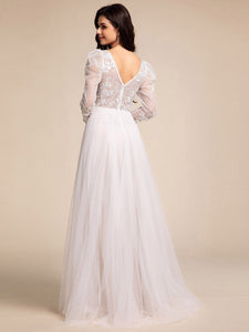 Color=Ivory | Exquisite V Neck Backless Long Sleeves Tulle Wedding Dresses with Applique Decoration-Ivory 2