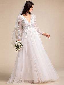 Color=Ivory | Exquisite V Neck Backless Long Sleeves Tulle Wedding Dresses with Applique Decoration-Ivory 3