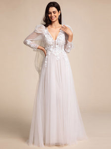 Color=Ivory | Exquisite V Neck Backless Long Sleeves Tulle Wedding Dresses with Applique Decoration-Ivory 4