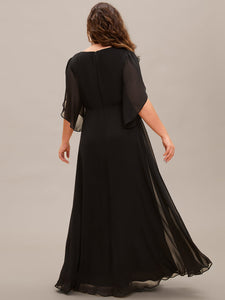 Color=Black | Plus Size Elegant A-Line Half Bud Sleeves Chiffon Evening Dresses with Pleated Decoration-Black 2